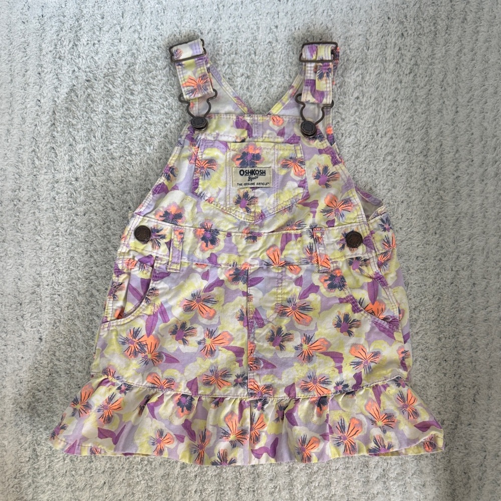 OshKosh B'gosh Floral Ruffle Denim Overall Dress - Purple & Orange